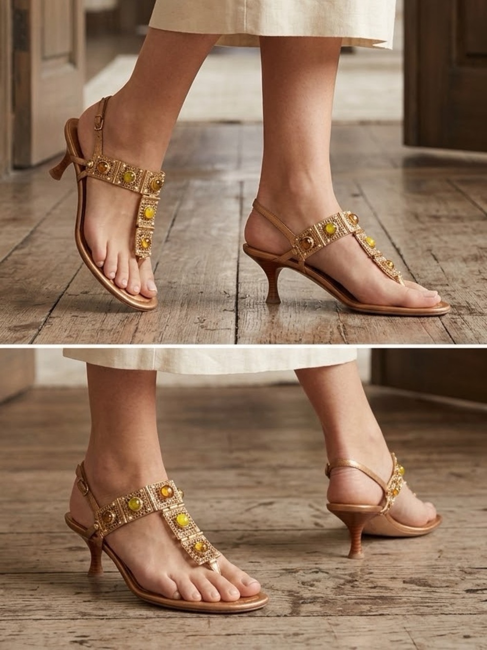 MANOLO BLAHNIK Vintage Archival Bronze/Gold Sandal Heel Green/Yellow Stones 40
